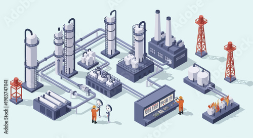 Isometric Industrial Oil Refinery Plant with Workers and Storage Tanks.