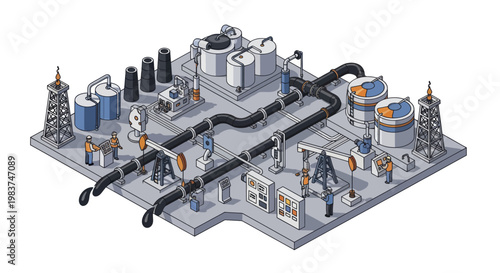 Isometric Industrial Plant with Storage Tanks and Pipelines.