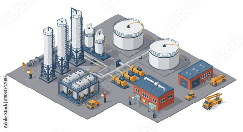 Isometric Industrial Plant with Storage Tanks and Processing Units.