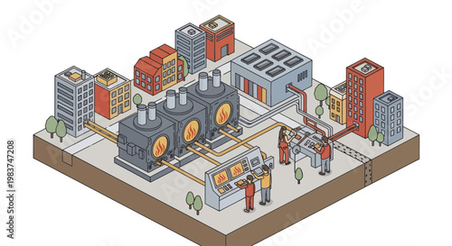 Isometric Industrial Power Plant with Control Room and Workers.