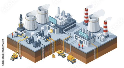 Isometric Industrial Power Plant Construction Site with Heavy Machinery.