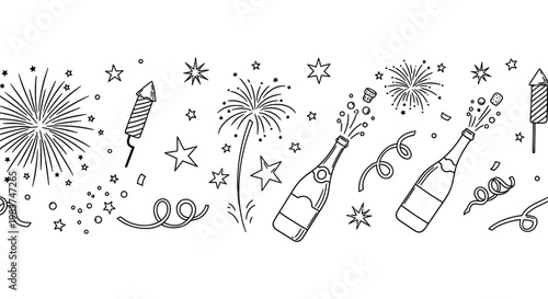 black and white line drawing of fireworks champagne and confetti for celebrations