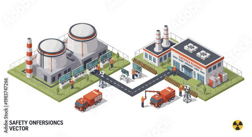 Isometric Industrial Safety Infographics with Nuclear Power Plant and Factory.