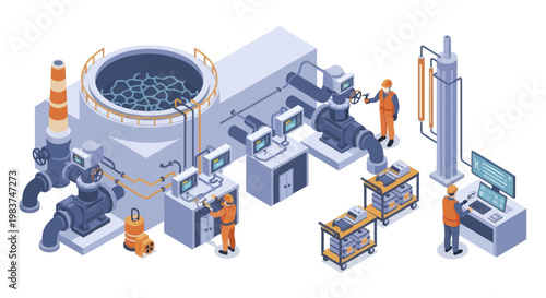 Isometric Industrial Production with Workers and Machinery.