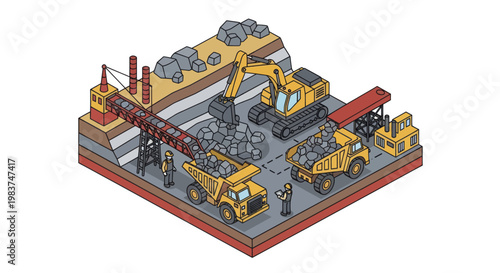 Isometric Mining Operation with Heavy Machinery and Workers.