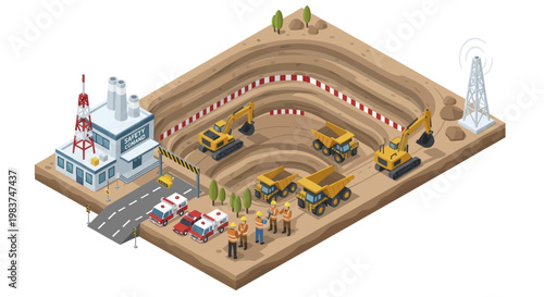 Isometric Mining Operation with Heavy Machinery and Industrial Buildings.
