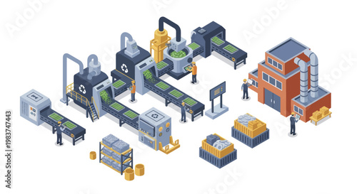 Isometric Money Production Factory with Conveyor Belts and Workers.