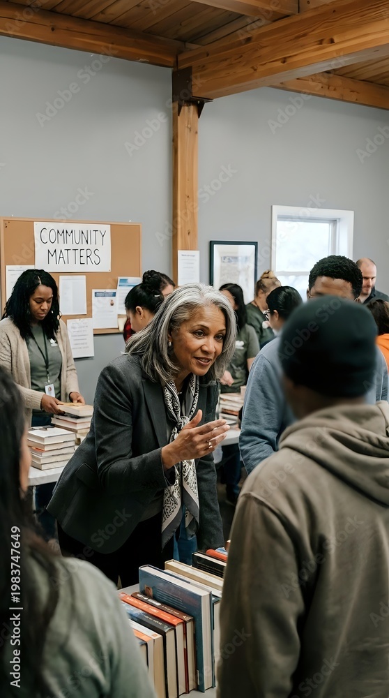 Fototapeta premium Diverse group of people browsing books at community center book fair with wooden beams and community matters bulletin board in background.