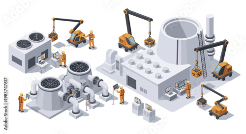 Isometric Nuclear Power Plant Construction Site with Workers and Machinery.