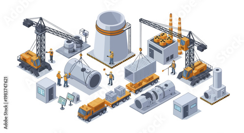 Isometric Nuclear Power Plant Construction Site with Workers and Heavy Machinery.