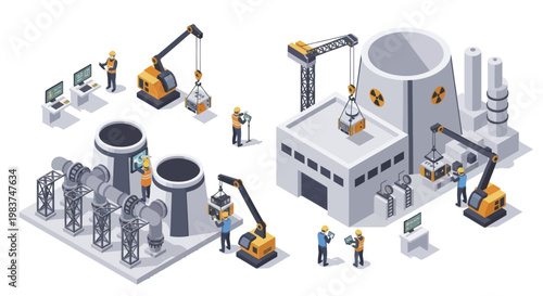Isometric Nuclear Power Plant Construction with Workers and Cranes.