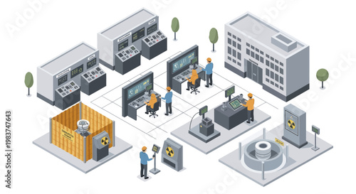 Isometric Nuclear Power Plant Control Room and Reactor Facility.