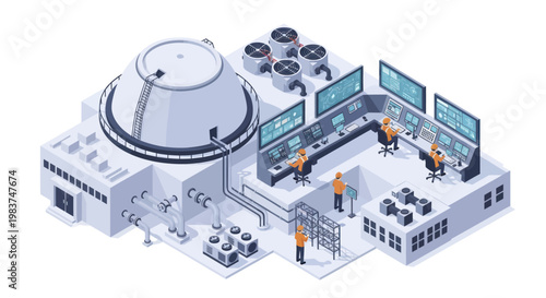 Isometric Nuclear Power Plant Control Room with Engineers.