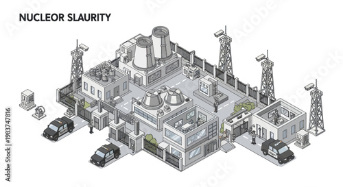 Isometric Nuclear Power Plant Illustration with Industrial Structures.
