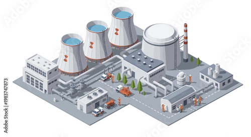 Isometric Nuclear Power Plant with Cooling Towers and Industrial Buildings.