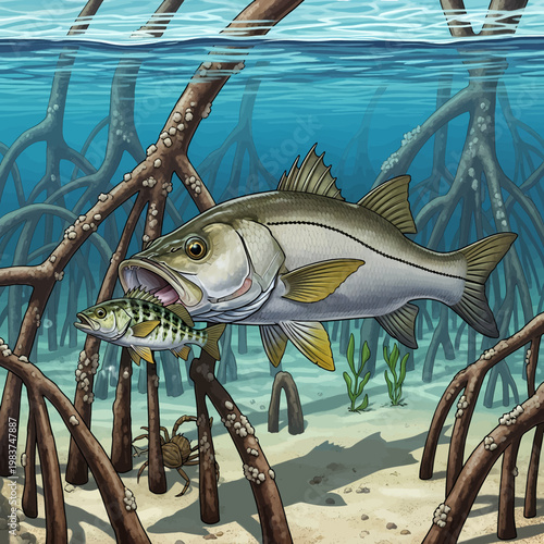 Snook attacking baitfish in mangrove habitat, illustration.