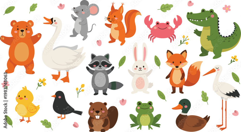 Naklejka premium Cartoon Animal Collection Featuring Bear, Goose, Rabbit, Fox, Raccoon, Crocodile, Duck, Frog, and More with Flowers and Leaves for Kids' Designs