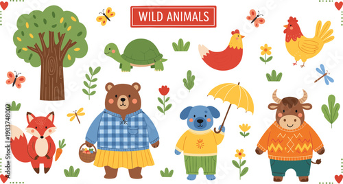 Photography Cartoon Wild Animals Set with Bear, Fox, Dog, Turtle, Chicken, and Cow in Colorf