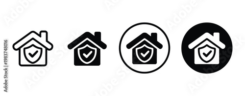 Home insurance icon vector set, house protection symbols including shield, safety, security, coverage, property protection, and risk management signs for real estate, business, and insurance design