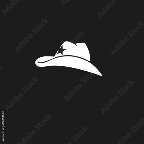White Cowboy Hat with Star Emblem on Black Background, Western Style Graphic Design Element