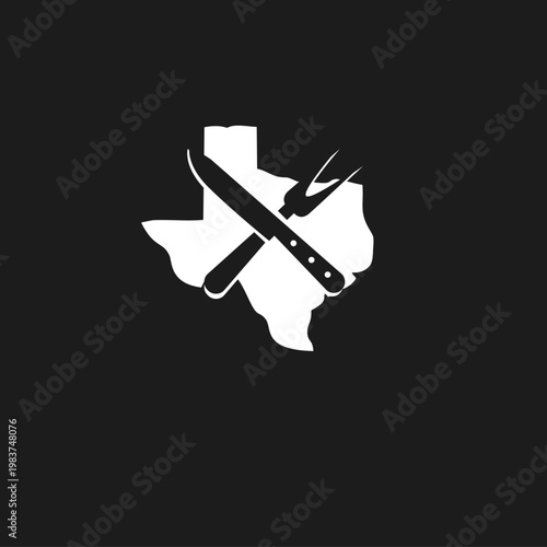 Texas State Map with Crossed Chef Knife and Meat Fork Icon