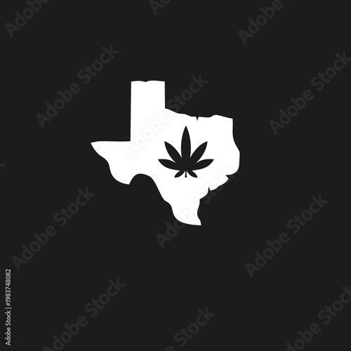 Texas State Map Silhouette with Cannabis Marijuana Leaf Icon representing Legalization and Hemp Industry
