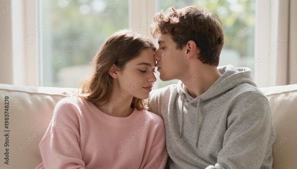 Fototapeta premium Young couple sharing a tender forehead kiss on a couch in a cozy, sunlit living room