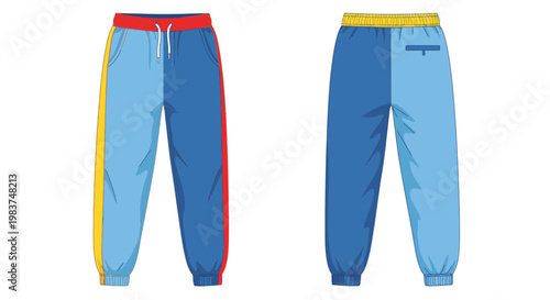 Color Block Jogger Pants Vector Illustration, Flat Fashion Design Template for Sportswear Apparel Mockup, Front and Back View of Athletic Trousers