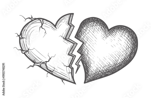 Cracked broken heart with jagged edges and fine lines love emotion