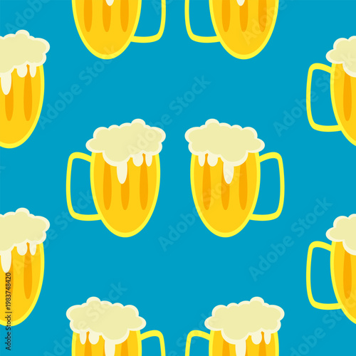 Seamless pattern with beer glasses on blue background.