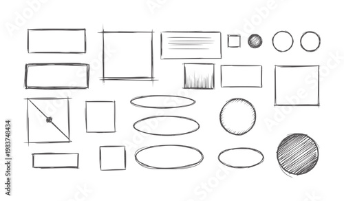 Hand drawn sketchy geometric shapes and frames white