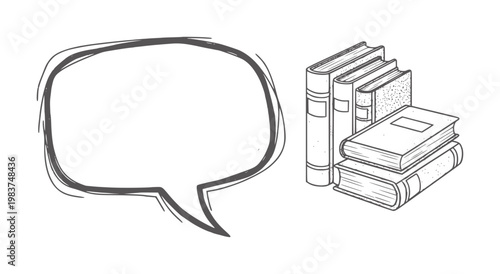 Hand drawn speech bubble next to stack of books