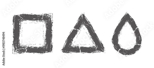 Textured dark grey geometric shapes square triangle teardrop
