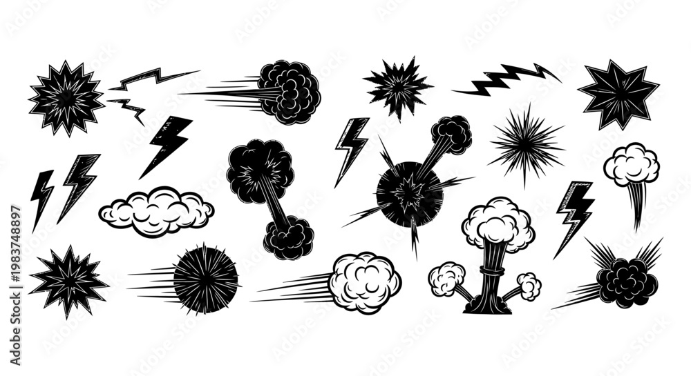 Fototapeta premium comic book graphic elements illustrating dynamic explosions lightning and smoke bursts perfect for action scenes and visual storytelling projects