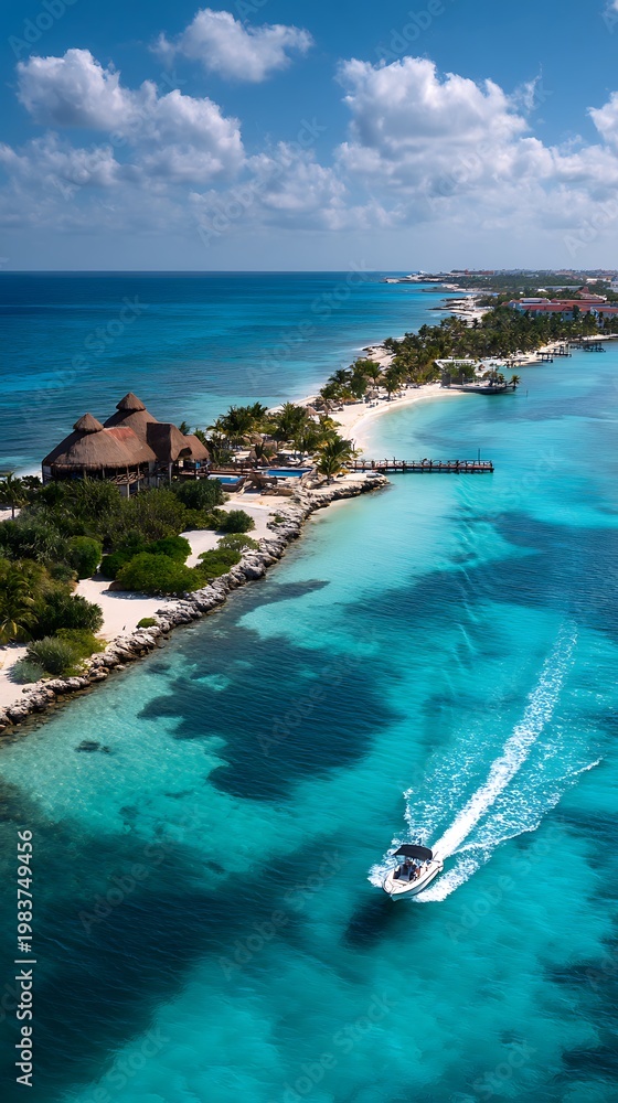 Fototapeta premium Tropical Island Getaway Resort, Beaches, and Boat on Turquoise Water