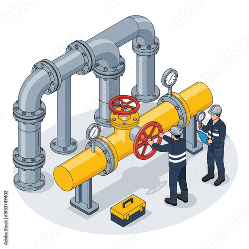 Industrial workers maintaining a large pipeline system with valves and gauges.