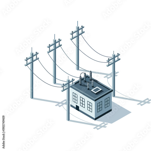 Isometric electrical substation building with power lines and poles.
