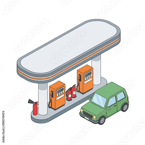 Isometric Gas Station with Green Car Fueling Up.