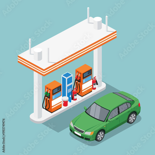 Isometric Gas Station with Green Car Fueling Up.