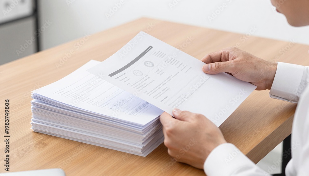 Obraz premium Hands reviewing a printed resume or business document on a desk beside a large stack of papers