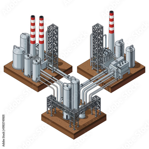 Isometric Industrial Complex with Factories and Pipelines.