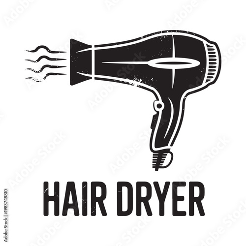 Stylized black and white illustration of a hair dryer with text