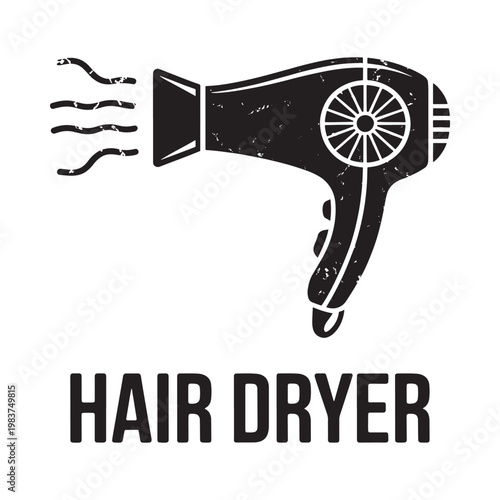 Stylized black silhouette of a hair dryer with text below it