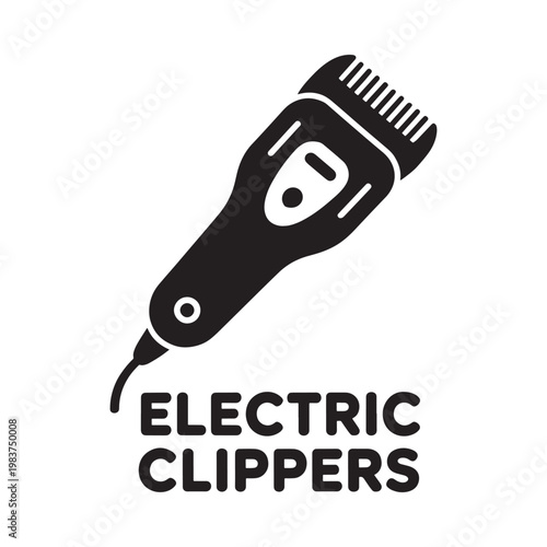 Simple black silhouette of electric hair clippers with descriptive text