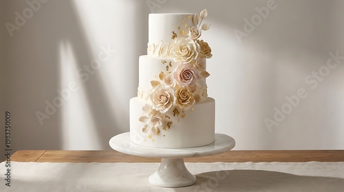 Elegant three-tiered wedding cake with delicate sugar roses, leaves, and gold flakes on a marble stand.