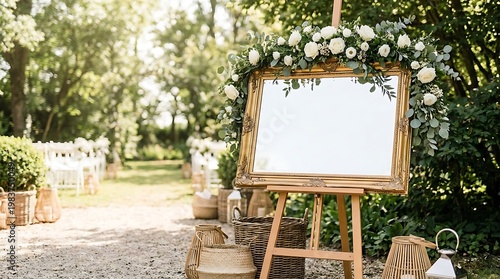 Golden framed mirror welcome sign on easel with white roses & greenery in outdoor garden.