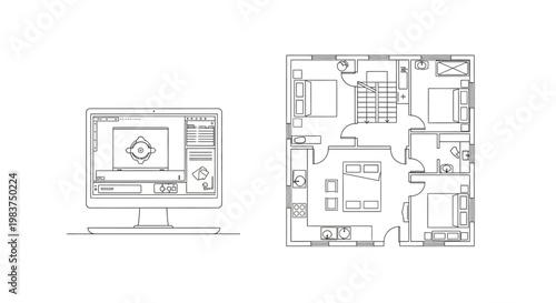 Architectural Floor Plan and Computer Monitor with CAD Software Interface Line Illustration
