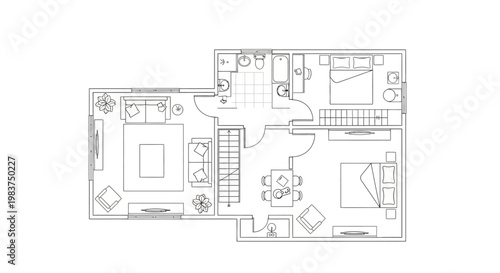 Modern 2D Architectural Floor Plan of a Two-Bedroom Apartment with Detailed Furniture Layout, Top View House Blueprint Illustration