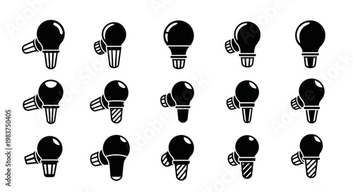 Black light bulb icons, vector set, 12 electric bulbs, black and white graphics, idea symbols