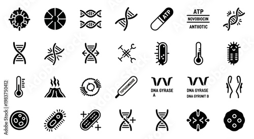 Science, biology, medical icons set, 25 black line art illustrations, DNA, cells, bacteria, thermometer, vaccine